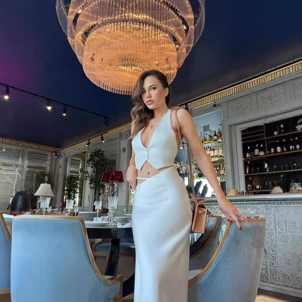 Fashion Halter Backless Vest Top Temperament Slimming Fishtail Skirt Suit - Bellarte Enchanté Fashion Halter Backless Vest Top Temperament Slimming Fishtail Skirt Suit